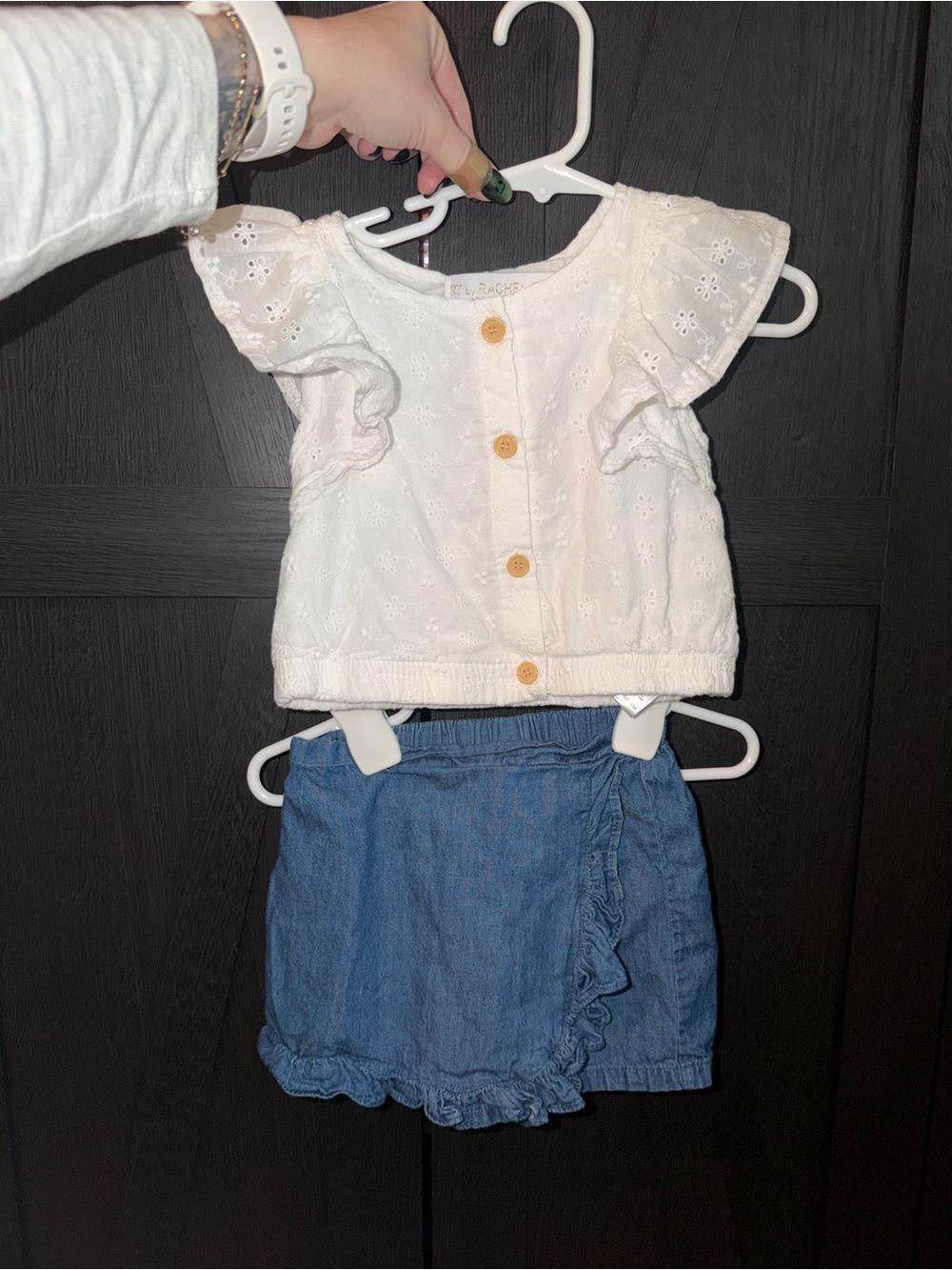 Rachel Zoe White Eyelet Button Top with Blue Chambray Shorts